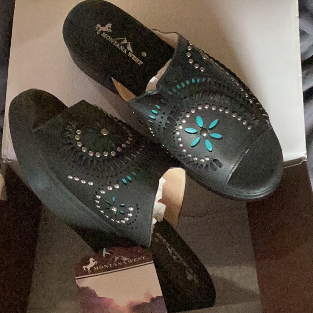 Tooled black peep sandal shoes wedge